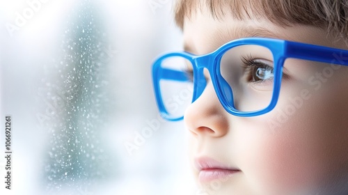 Young Child with Blue Glasses Focusing on a Distant Tree Outside the Window, Symbolizing Myopia Prevention and the Importance of Outdoor Activities