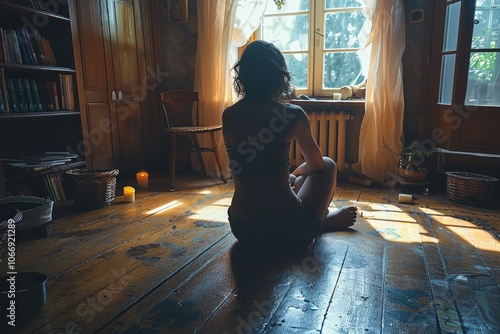 A Silhouette of a Woman Sitting on a Wooden Floor in a Room with a Window