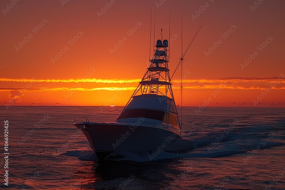 Fototapeta premium A Silhouette of a Yacht at Sunset in the Ocean