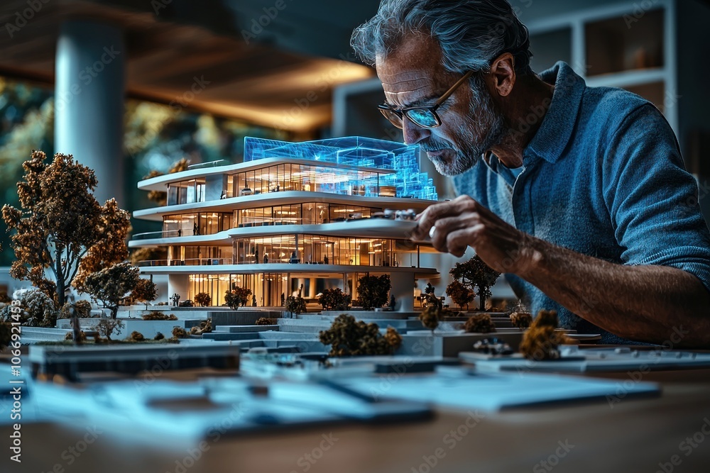 Architect Examining a Model of a Modern Glass Building Architect Examining a Model of a Modern Glass Building