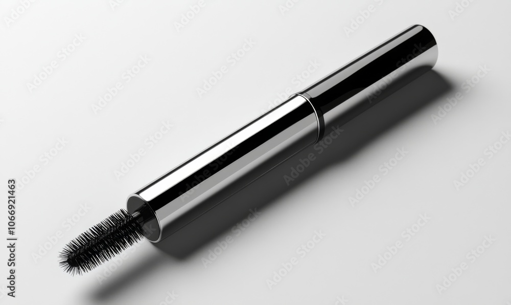 3D mascara tube with a brush dipped in black, ready for application, sleek and detailed 3D mascara tube with a brush dipped in black, ready for application, sleek and detailed