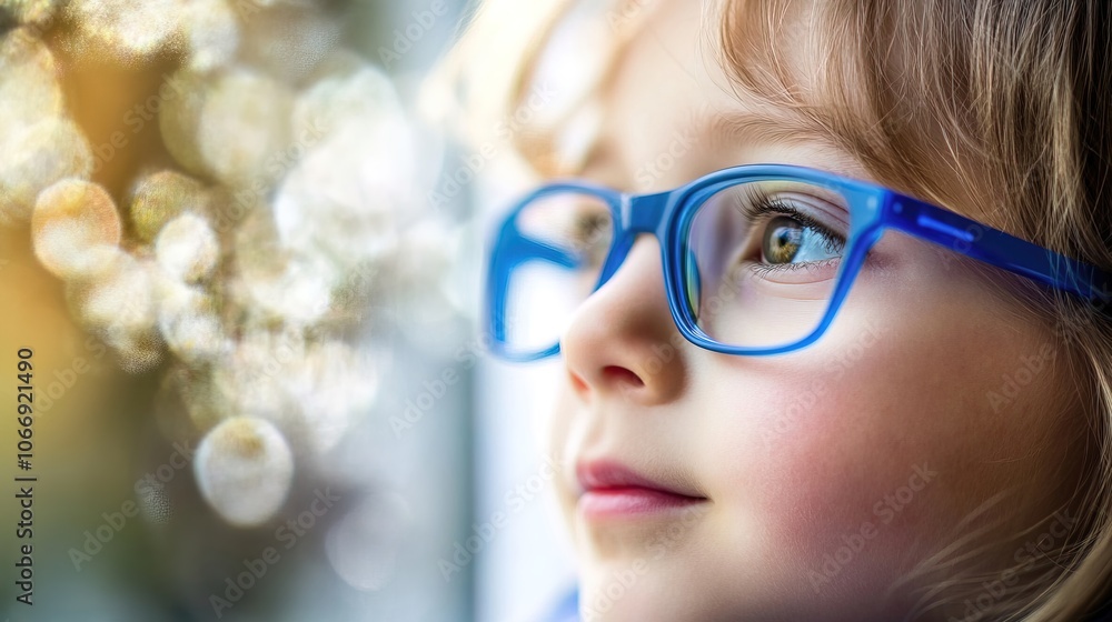Young Child with Blue Glasses Focusing on a Distant Tree Outside the Window, Symbolizing Myopia Prevention and the Importance of Outdoor Activities Young Child with Blue Glasses Focusing on a Distant Tree Outside the Window, Symbolizing Myopia Prevention and the Importance of Outdoor Activities