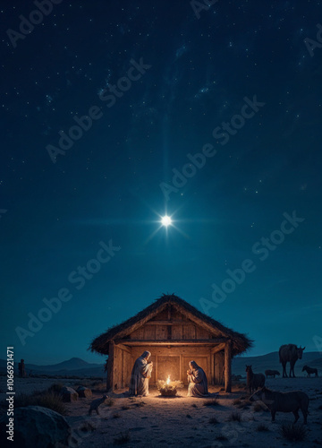 three people are in a stable under a star on dark starry sky