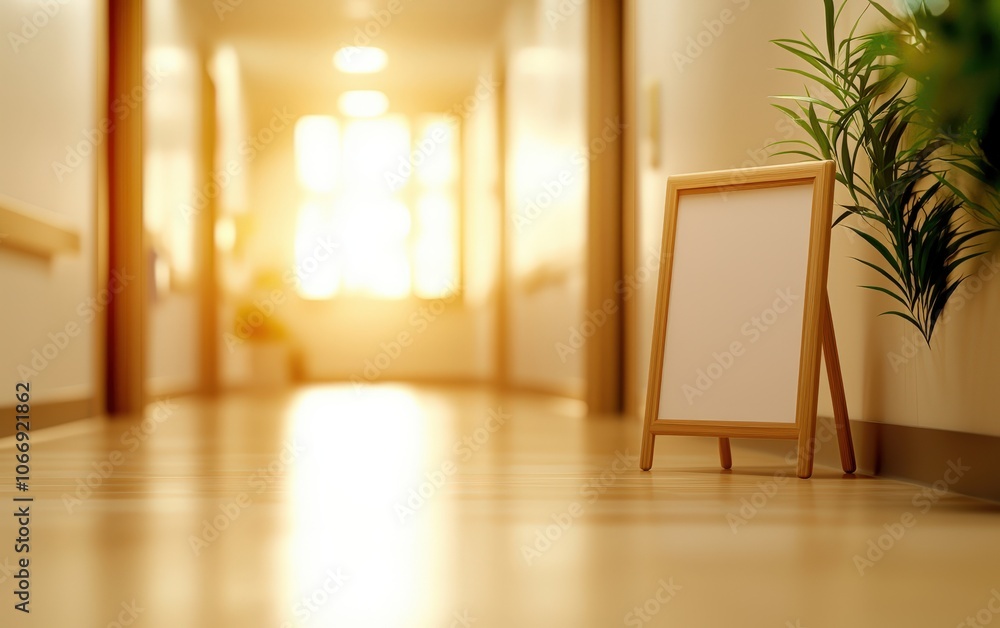 A cozy hallway illuminated by warm sunlight, featuring a blank sign and a touch of greenery. A cozy hallway illuminated by warm sunlight, featuring a blank sign and a touch of greenery.