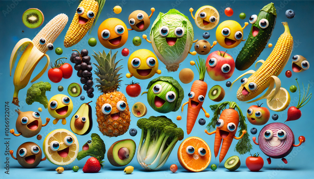 Colorful fruits and vegetables with animated, smiling faces, creating a playful and cheerful food scene