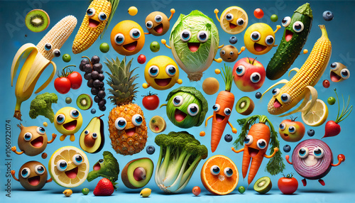 Obraz na płótnie Colorful fruits and vegetables with animated, smiling faces, creating a playful and cheerful food scene w salonie