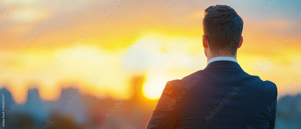 A man in a suit gazing at a beautiful sunset over a city skyline, reflecting on life and opportunities. A man in a suit gazing at a beautiful sunset over a city skyline, reflecting on life and opportunities.
