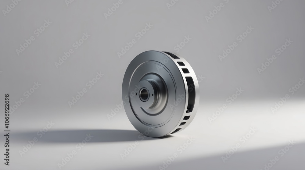 Metallic spool with intricate design, casting soft shadows on light gray background Metallic spool with intricate design, casting soft shadows on light gray background