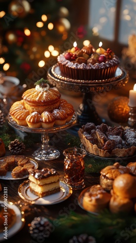 A table filled with delicious desserts sits before a warm fireplace and a Christmas tree