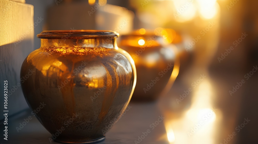In a tranquil room bathed in soft light, several urns containing ashes are thoughtfully placed, evoking a sense of remembrance and reflection In a tranquil room bathed in soft light, several urns containing ashes are thoughtfully placed, evoking a sense of remembrance and reflection