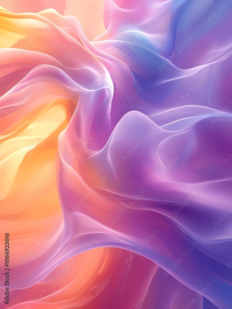 Fototapeta premium Abstract flowing fabric in vibrant shades of purple, pink, and orange creates a calming and ethereal atmosphere, perfect for backgrounds or artistic designs.