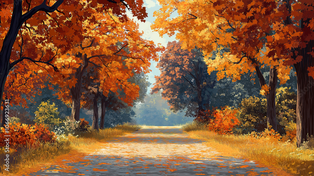 Fototapeta premium Serene walkway in an autumn park surrounded by colorful foliage creating a picturesque landscape