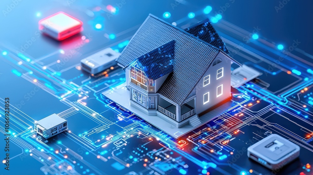A vibrant home automation setup featuring interconnected devices and sensors that enhance security, comfort, and convenience in modern living. A vibrant home automation setup featuring interconnected devices and sensors that enhance security, comfort, and convenience in modern living.