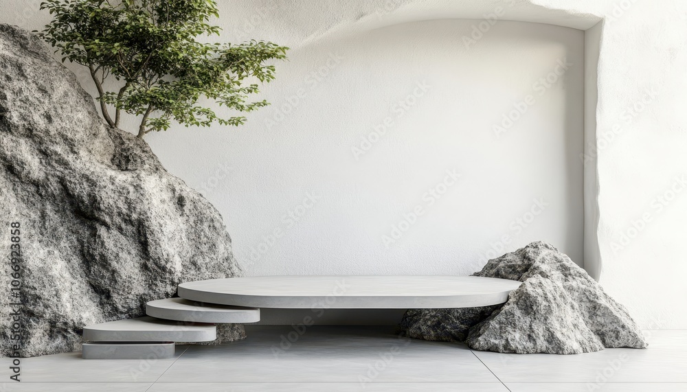 Modern podium setup in a clean, bright room with natural elements Modern podium setup in a clean, bright room with natural elements