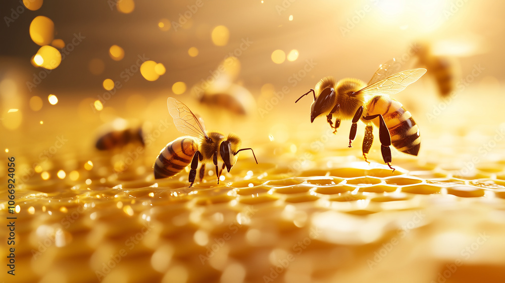 Multiple honeybees fly and land on a vibrant golden honeycomb structure, with glistening honey filling the cells, creating a warm ambiance with space for text on the soft yellow ba