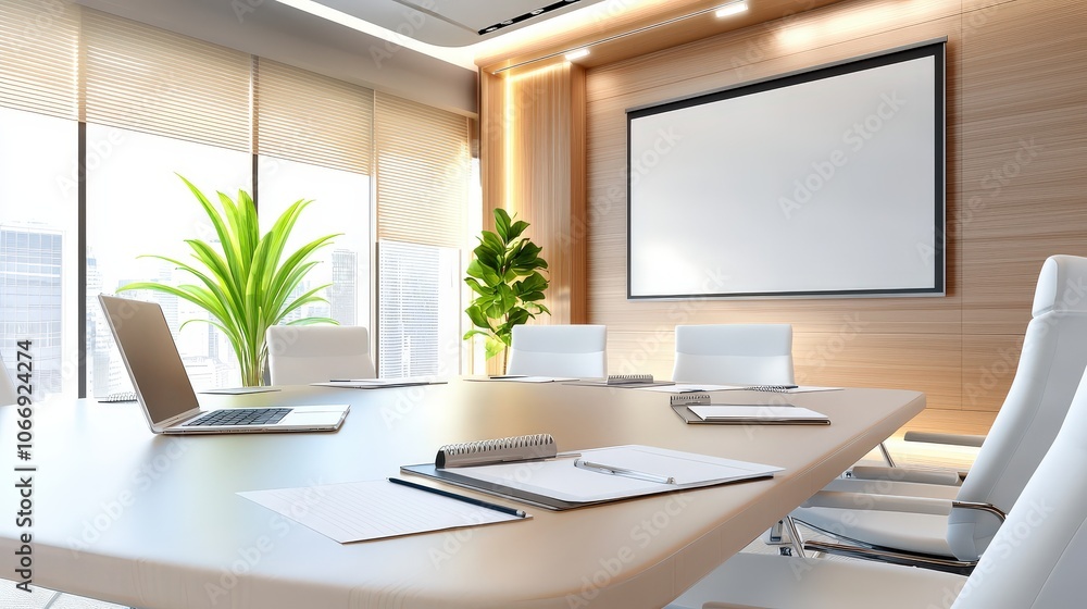 A professional office meeting room setup with a projector screen, chairs arranged for discussion, and notepads on the table, ideal for corporate events and seminars. A professional office meeting room setup with a projector screen, chairs arranged for discussion, and notepads on the table, ideal for corporate events and seminars.