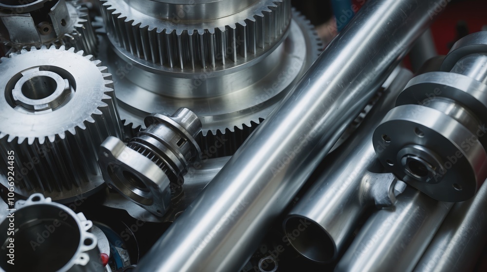 Fototapeta premium Close-up view of various metallic gears, pipes, and mechanical components arranged together