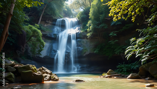 Waterfall in Springbrook Forest isolated with white shades, png photo