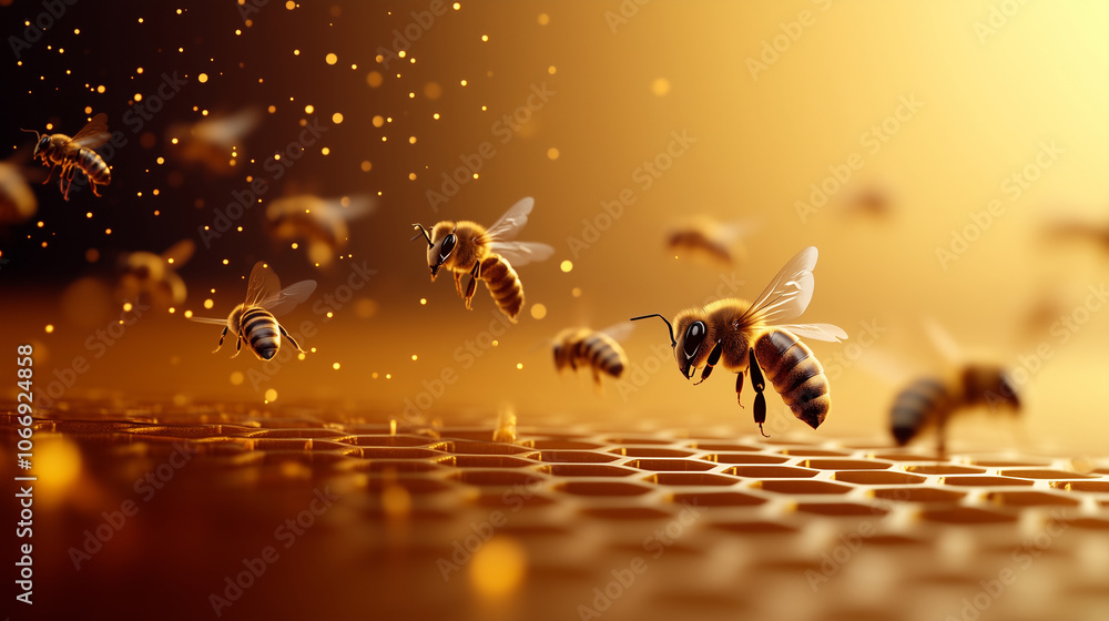 A group of bees buzzing in front of a warm honeycomb pattern, with a clear background area for text on a light amber gradient, capturing the bees' intense focus and purpose. A group of bees buzzing in front of a warm honeycomb pattern, with a clear background area for text on a light amber gradient, capturing the bees' intense focus and purpose.