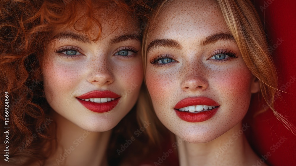 Two beautiful models smiling with red lipstick and freckles on red background Two beautiful models smiling with red lipstick and freckles on red background
