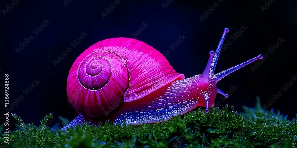 Colorful snail on green moss, isolated on a dark background. Colorful snail on green moss, isolated on a dark background.