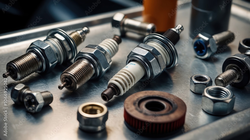 Naklejka premium Detailed arrangement of spark plugs and metal components on a workbench