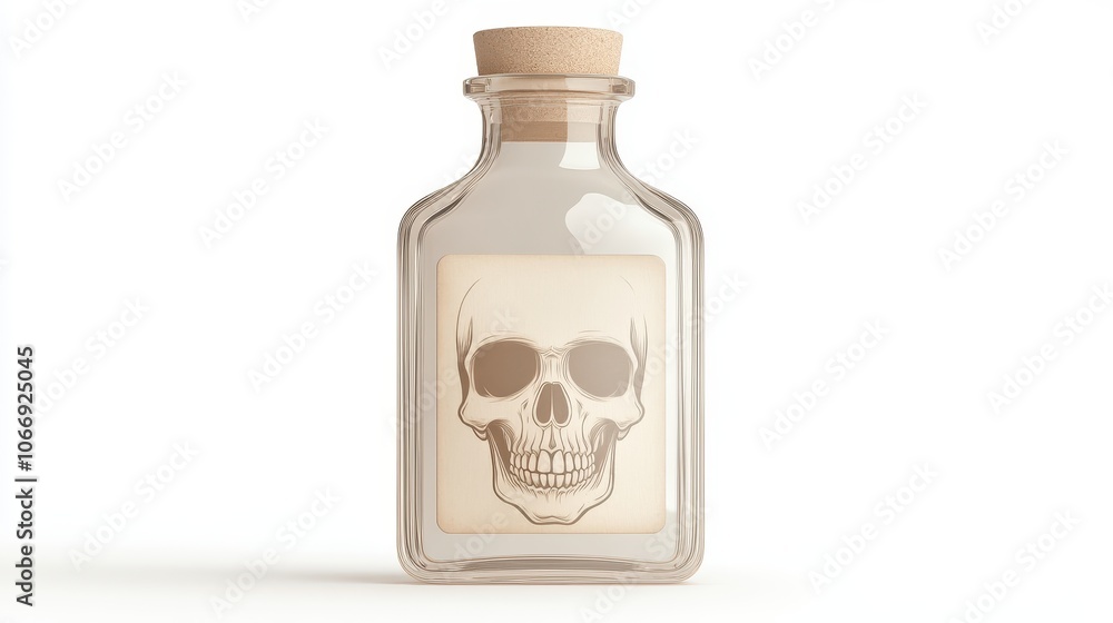 A skull is on the label of a glass bottle A skull is on the label of a glass bottle