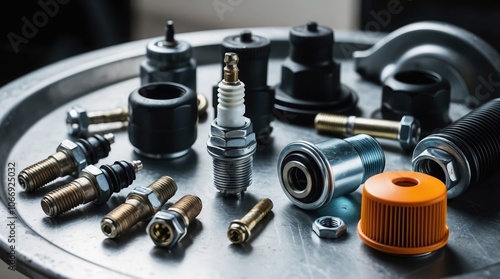 Close-up of assorted automotive parts including spark plugs, filters, and bolts on metallic surface