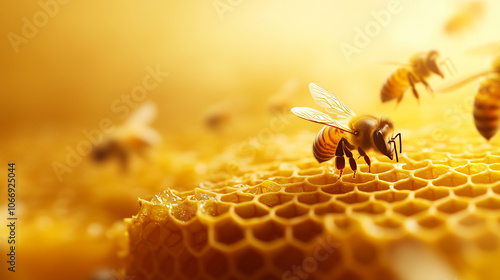 A honeycomb with bees collecting nectar, rendered in exquisite detail, against a light yellow gradient with text space, representing the balance and diligence within natureâs ecosy photo