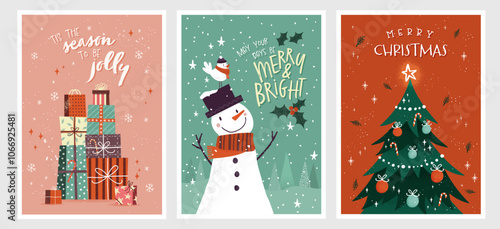 Lovely hand drawn christmas cards, cute design with hand lettering and lovely illustrations - vector design