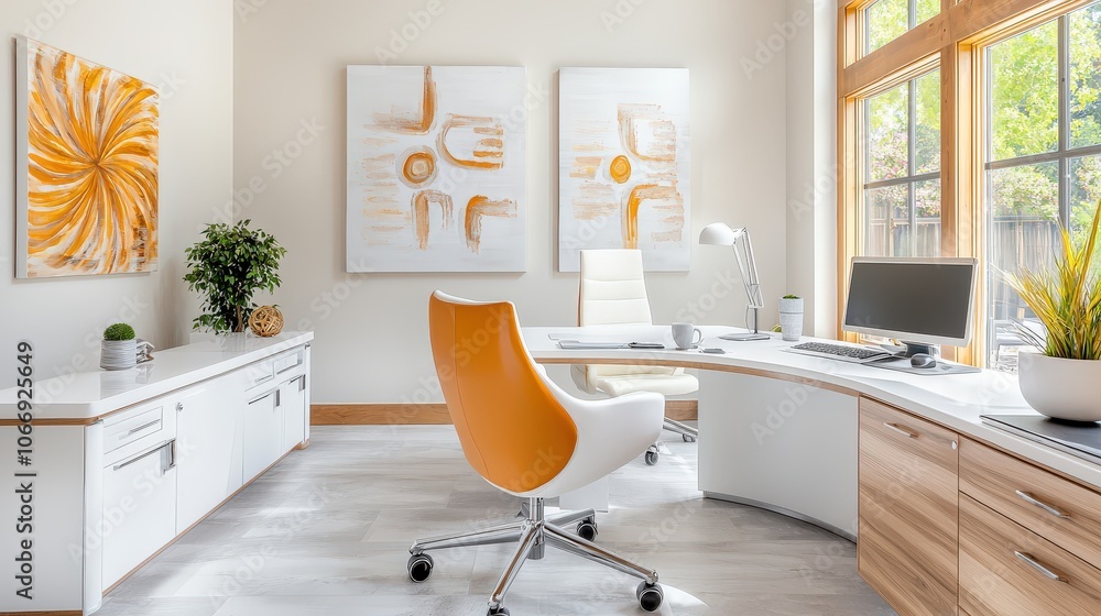 Fototapeta premium An inviting office environment with bright accents, modern decor, and ample sunlight, perfect for promoting positivity and collaboration in a contemporary workspace.