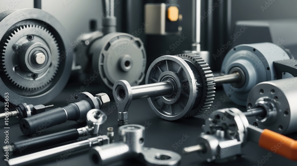 Close-up of assorted mechanical components including gears, shafts, and connectors Close-up of assorted mechanical components including gears, shafts, and connectors