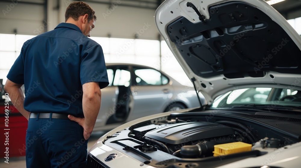 Car mechanic inspecting engine inside modern garage, focused expression, natural light Car mechanic inspecting engine inside modern garage, focused expression, natural light