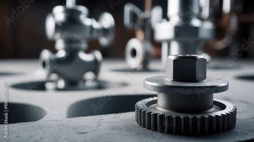 Close-up of metallic gears and industrial valves on a concrete surface photo