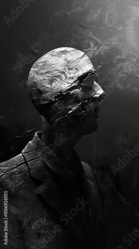 Stone Man: A Surrealist Portrait in Black and White