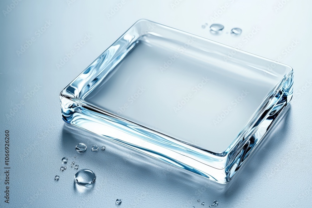 Clear glass tray with water droplets on a smooth surface, showcasing minimalistic design. Clear glass tray with water droplets on a smooth surface, showcasing minimalistic design.