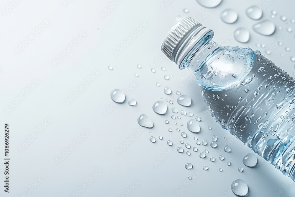 Clear water bottle with droplets on a light background, refreshing hydration concept. Clear water bottle with droplets on a light background, refreshing hydration concept.