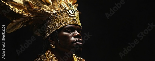 Majestic african king wearing golden headdress and jewelry