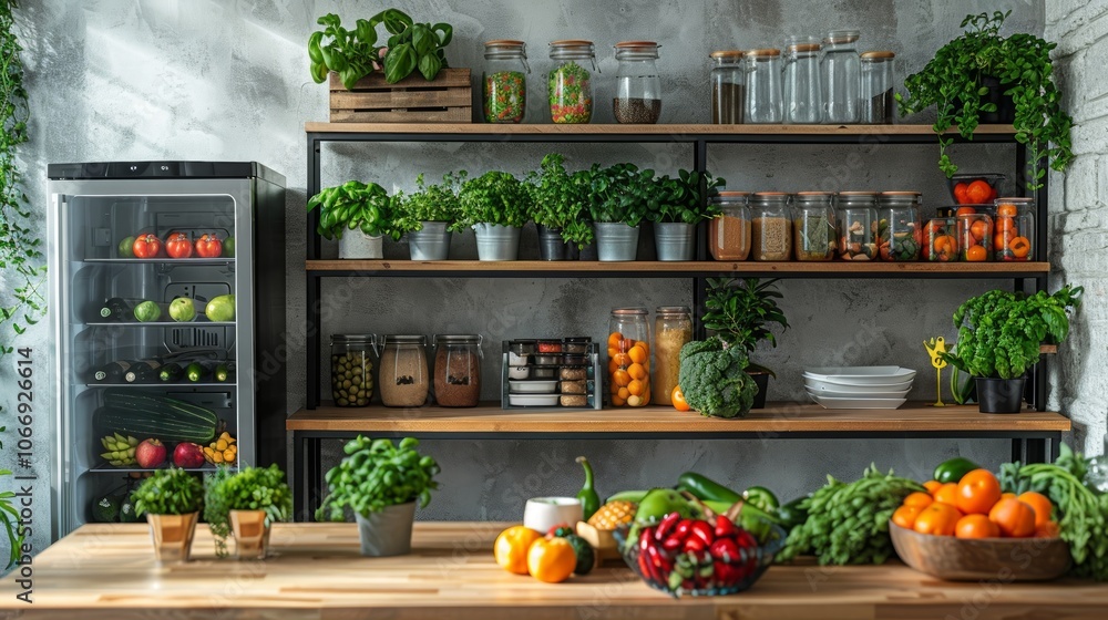 Open fridge full of fresh food near white wall in kitchen. Open fridge full of fresh food near white wall in kitchen.