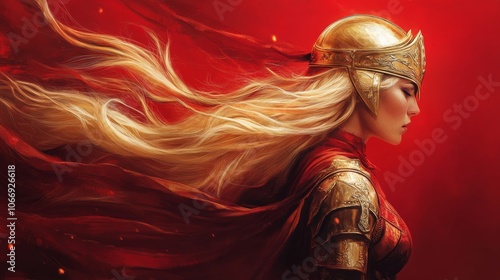 Blonde warrior queen wearing golden helmet and armor with flowing hair and red cape on red background photo