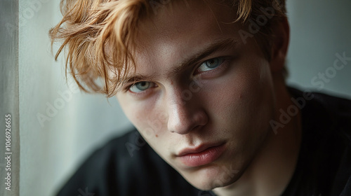 A close-up portrait of a young man with a pensive and intense expression, highlighting emotion and personality through natural lighting and composition.