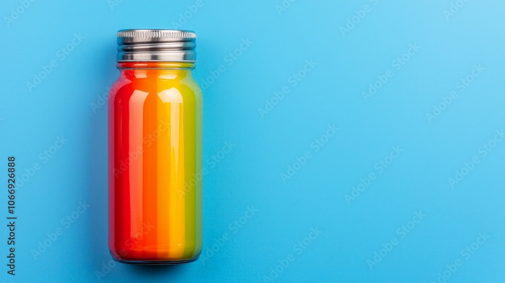 A colorful bottle filled with a gradient drink stands against a vibrant blue background, creating a striking visual contrast. A colorful bottle filled with a gradient drink stands against a vibrant blue background, creating a striking visual contrast.