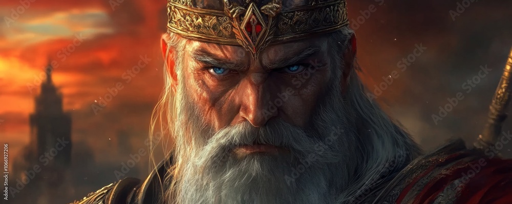 Powerful medieval king wearing golden crown stares with intense blue eyes Powerful medieval king wearing golden crown stares with intense blue eyes