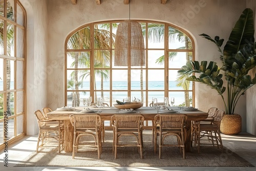 A spacious, stylish dining area with large windows, natural decor, and tropical plants, offering a serene view of the outdoors.