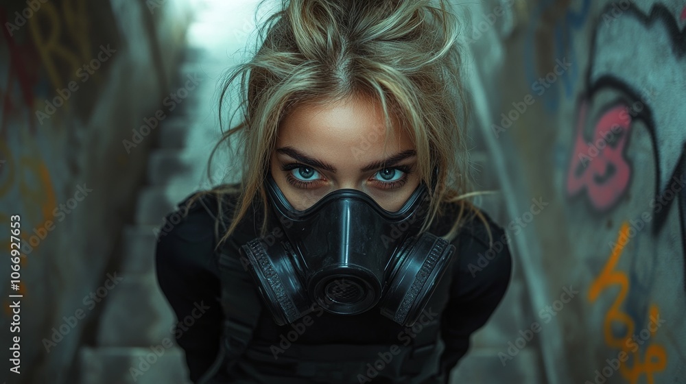 Woman wearing gas mask in post apocalyptic urban setting Woman wearing gas mask in post apocalyptic urban setting