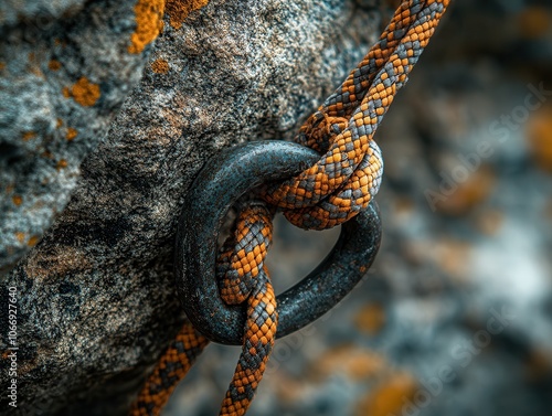 Detailed close-up of an orange and black climbing rope tightly knotted around a metal ring, secured to a rugged rock surface.