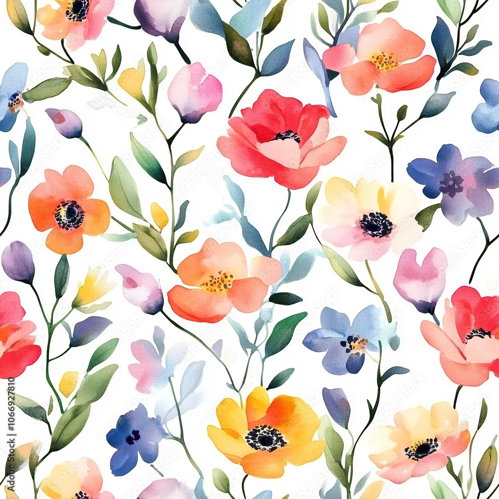 Fototapeta premium Watercolor floral seamless pattern print hand painting with abstract flowers and plants, design texture. Tileable Seamless pattern watercolor floral pattern for textile, stationery, wedding deisgn