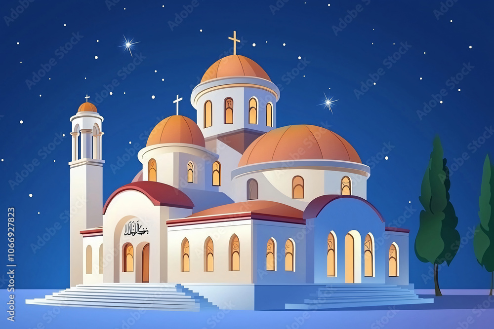 flat vector illustration of detailed mosque dome with Arabic script and stars flat vector illustration of detailed mosque dome with Arabic script and stars