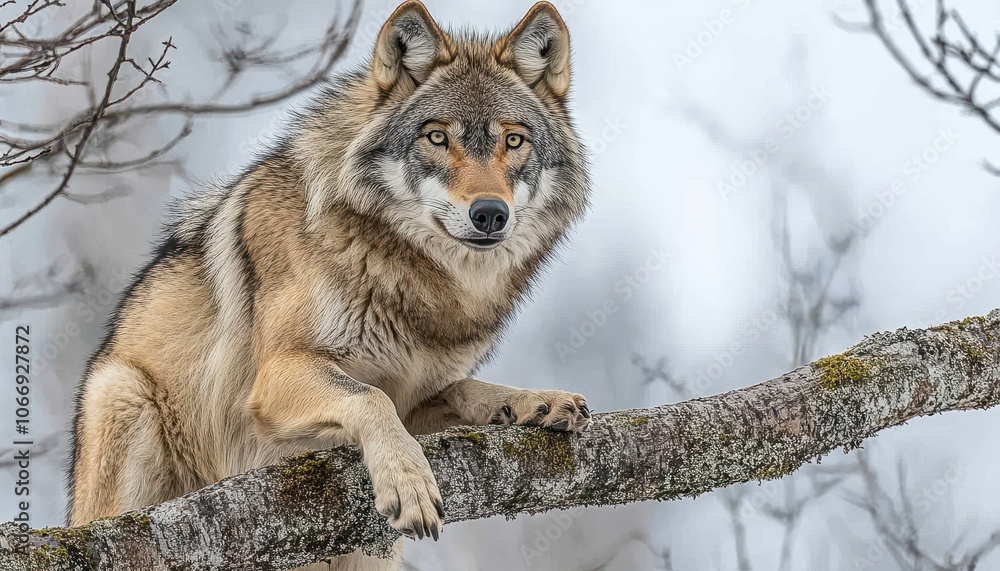 Obraz premium Wolf perches gracefully on a tree branch beneath a dramatic sky at dusk