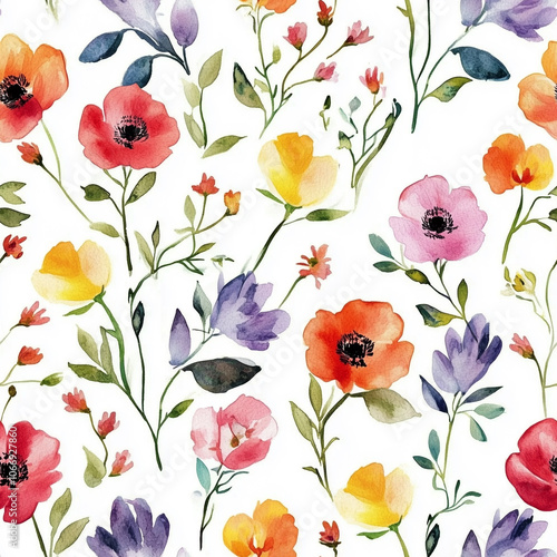 Watercolor floral seamless pattern print hand painting with abstract flowers and plants, design texture. Tileable Seamless pattern watercolor floral pattern for textile, stationery, wedding deisgn